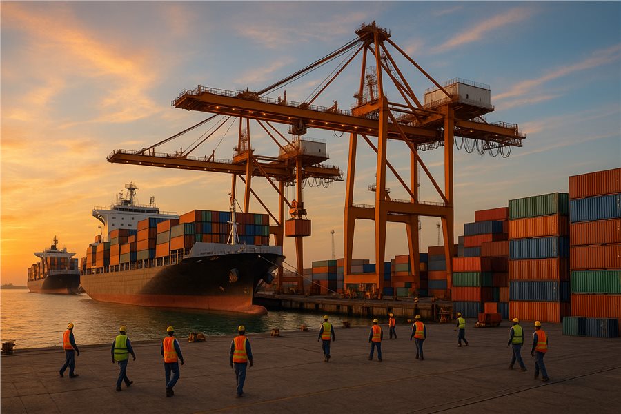 نمای بندرعباس در ایران با کشتی‌های باری و کانتینرها، نمادی از تجارت بین‌الملل.