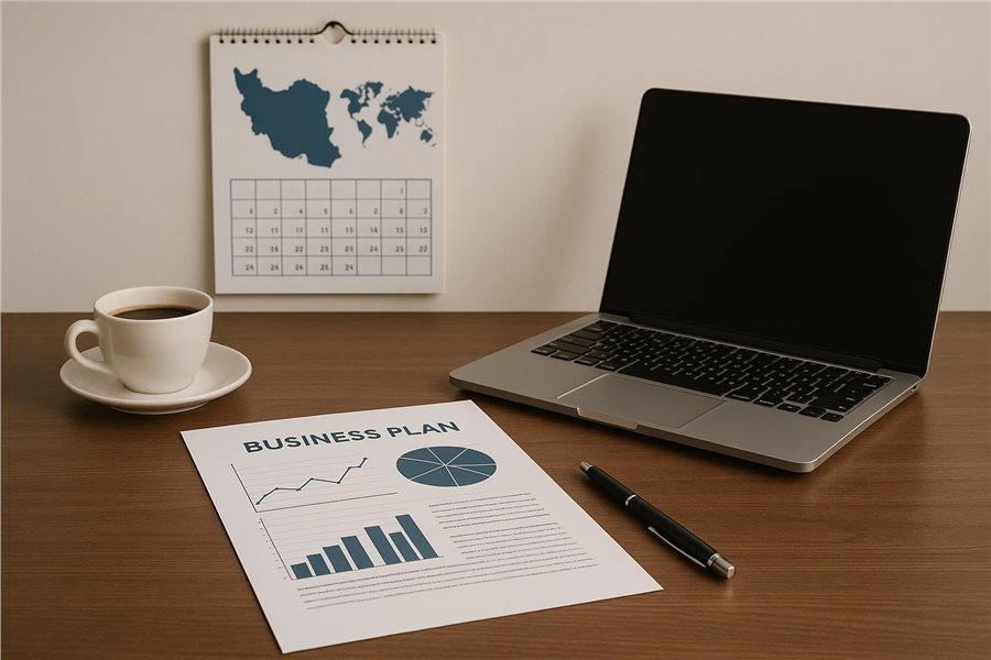 طرح کسب‌وکار واردات و صادرات روی میز کاری با لپ‌تاپ و نقشه ایران.