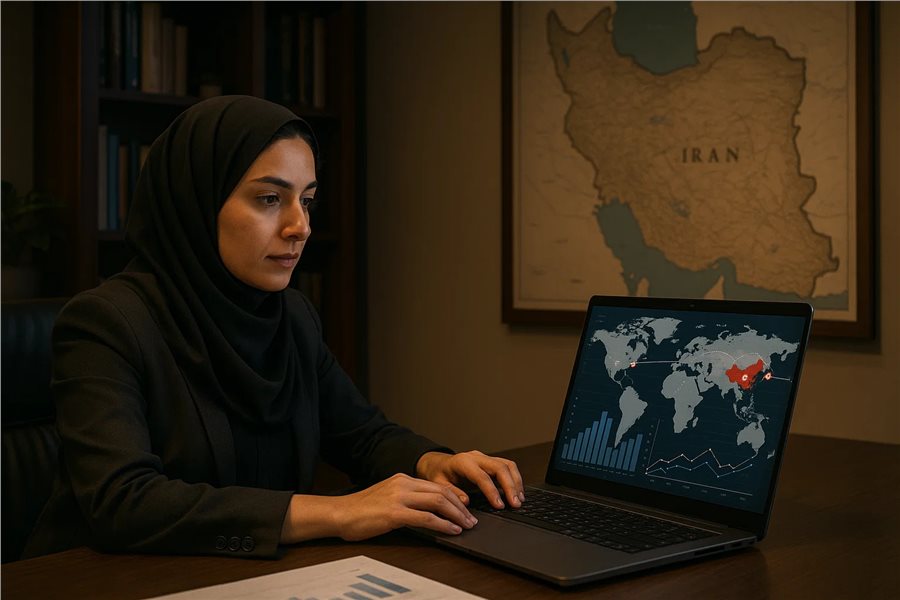 کارآفرین ایرانی در حال تحلیل داده‌های بازار برای تجارت بین‌الملل با لپ‌تاپ.