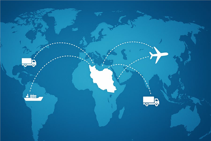 نقشه زنجیره تأمین جهانی با تمرکز بر ایران و ارتباطات تجاری با چین و ترکیه.